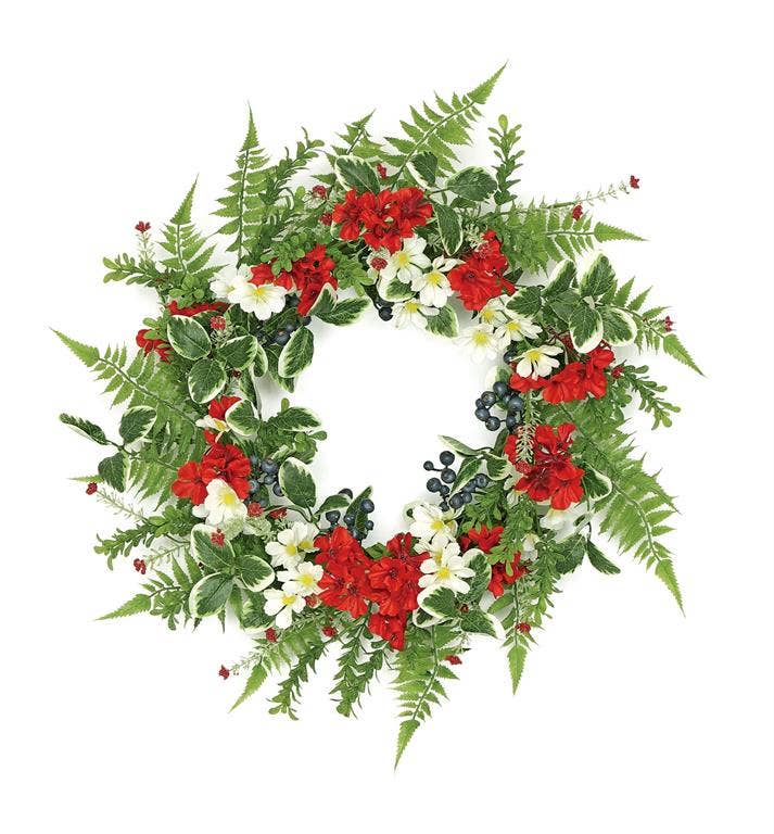 Mix Flower & Blueberry Wreath, 24", Red/Cream