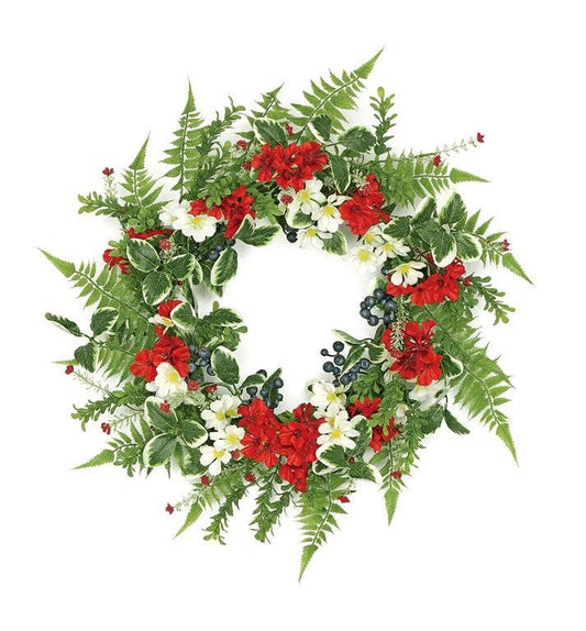 Mix Flower & Blueberry Wreath, 24", Red/Cream