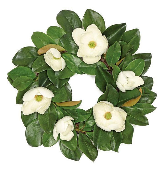 Magnolia Wreath W/3 Lg Flowers, 3 Buds, 24", Natural