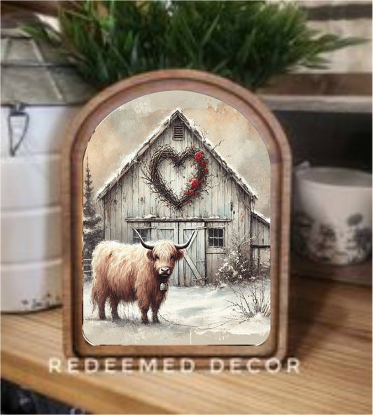Arch Top Valentine Highland Barn Framed Art